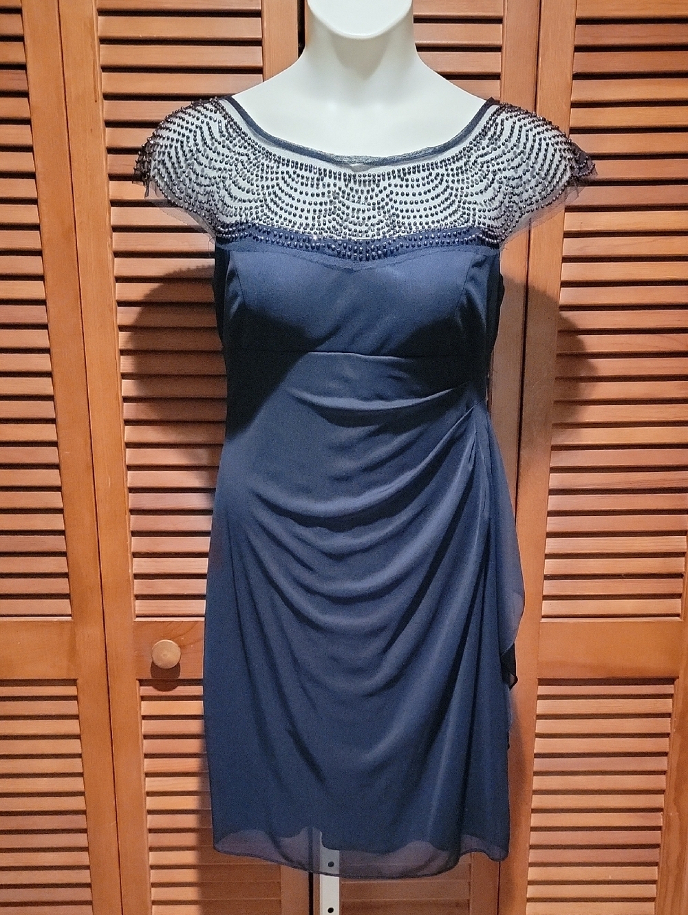 R M RICHARDS ELEGANT DARK NAVY BLUE BEADED CAP SLEEVE COCKTAIL DRESS